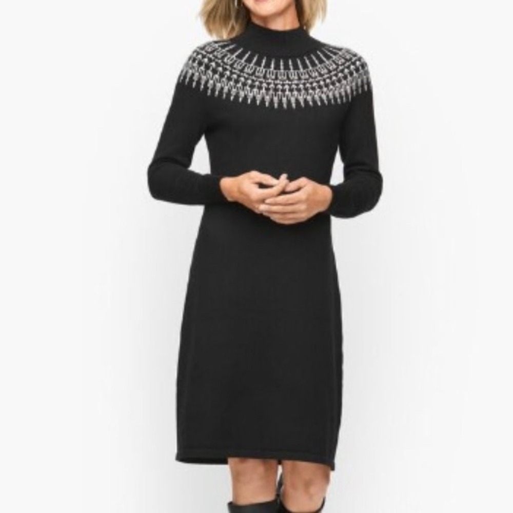 Talbots Mock Neck Fair‎ Isle Sweater Shift Dress Black Size Medium